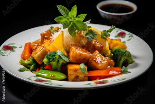 Colorful vegetarian healthy tofu stir-fry with mixed veggies in light soy sauce