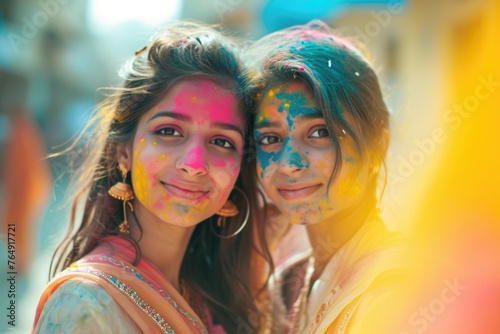 Indian girls celebrating Holi festival with traditional dresses and ornaments