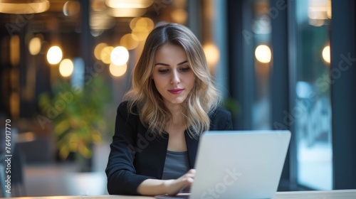Businesswoman focused on her laptop with ambient light in the background