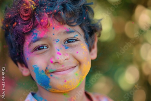 Happy Indian boy playing Holi with colors.