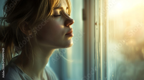 Woman with eyes closed enjoying the warmth of sunlight by a window