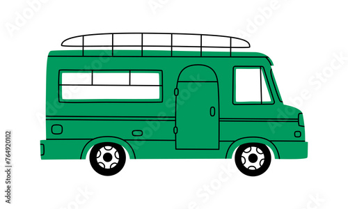 Hand drawn cute cartoon illustration of camping van. Flat vector outdoor tourism car sticker in colored doodle style. Motor vehicle for campsite icon. Adventure, vacation. House on wheels. Isolated.