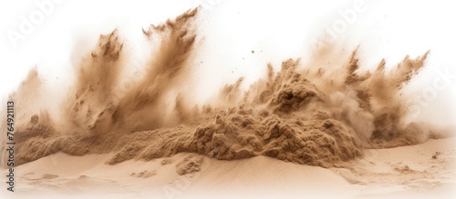 Picture of tall giraffes standing on a sandy beach with sand being blown up into the air by the wind