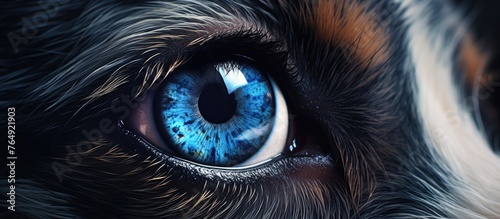 Detailed shot focusing on the eye of a dog, showcasing the intricate patterns, colors, and structure of the eye photo