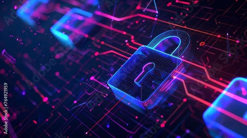 Digital Padlock Cybersecurity Symbol on Neon Circuit