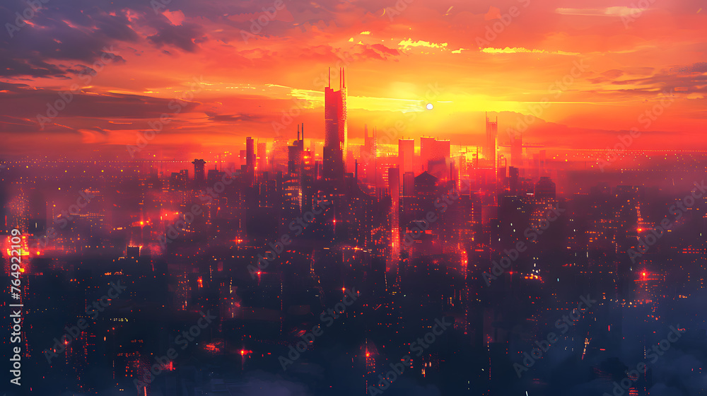 Digital art of a sprawling cityscape, with glowing skyscrapers as the background, during a twilight glow