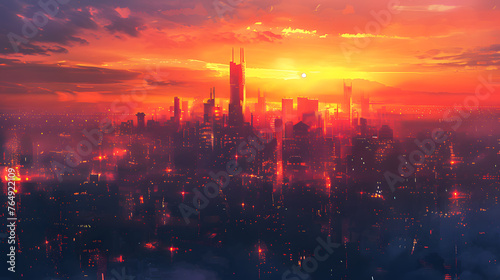 Digital art of a sprawling cityscape, with glowing skyscrapers as the background, during a twilight glow