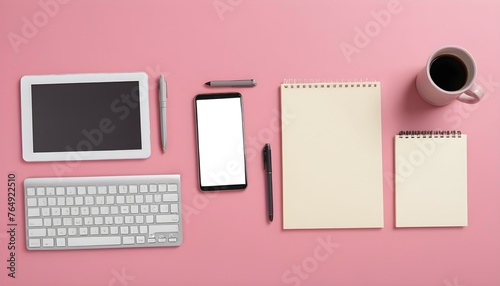 desktop with computer notepad pen pen phone and similar attributes  horizontal view  minimalist style  on pinq background