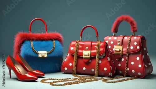 Generate a realistic image featuring luxurious bags in vibrant, striking colors adorned with fur details and gold chains. Additionally, include a pair of luxury red décolleté shoes with polka dots. Em photo