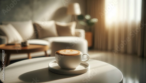 close-up photo of a cappuccino on a white table in living room