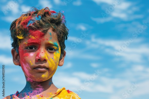 Young Indian boy playing Holi face covered in colors.