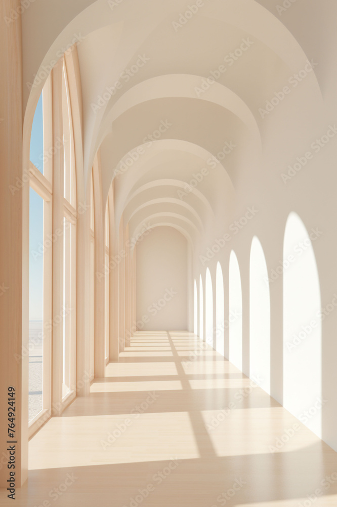Gentle sunlight streams through arched passageways, casting elongated shadows on a clean, minimalistic hallway, a harmonious blend of modern design and classic elegance.
