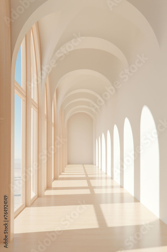 Gentle sunlight streams through arched passageways  casting elongated shadows on a clean  minimalistic hallway  a harmonious blend of modern design and classic elegance.