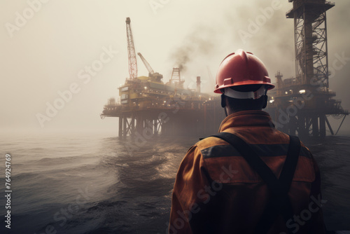 Offshore oil drill platform in sea.