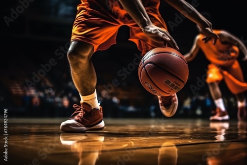 Close-up of professional basketball player kicking basketball during intense game action