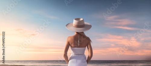 A woman wearing a white hat and a white dress is standing on a beach © akhmad