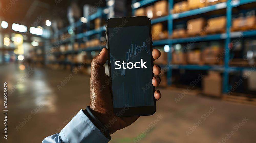 Fototapeta premium Smartphone with word “Stock” businessman hold behind, investing in the stock market to earn returns and wealth