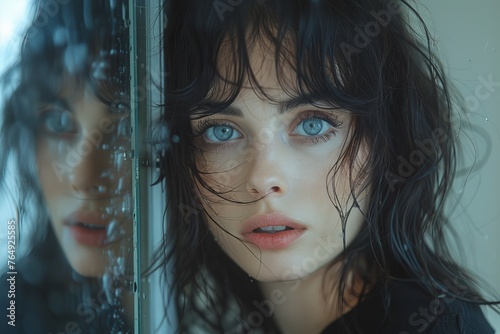 A woman's face is seen through a glass pane covered in raindrops, highlighting her clear eyes and delicate features
