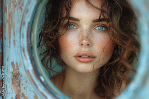 A woman's face elegantly framed by a weathered circular mirror, emphasizing her striking facial features photo