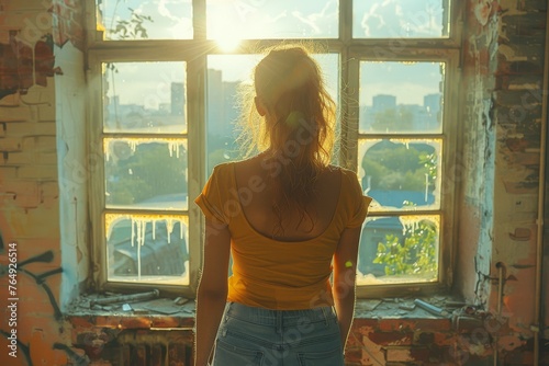 The sunburst through a decrepit building's window as a young woman stands contemplatively facing the sunshine photo