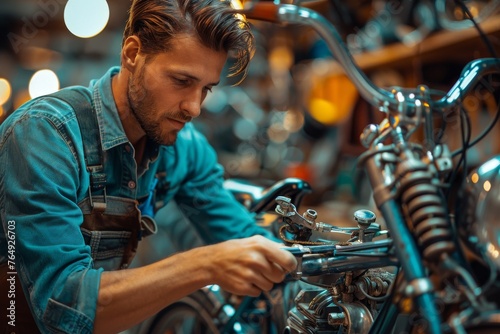 A focused mechanic fine-tuning a classic motorcycle in a well-equipped garage, depicting skilled manual labor