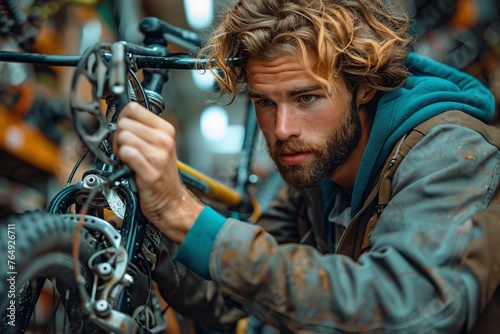 A young man focused on fixing a bike in a workshop full of bicycles