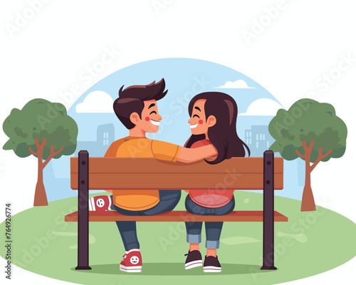 A couple sits on a bench in the park and smiles at each other. Vector illustration. Cartoon characters