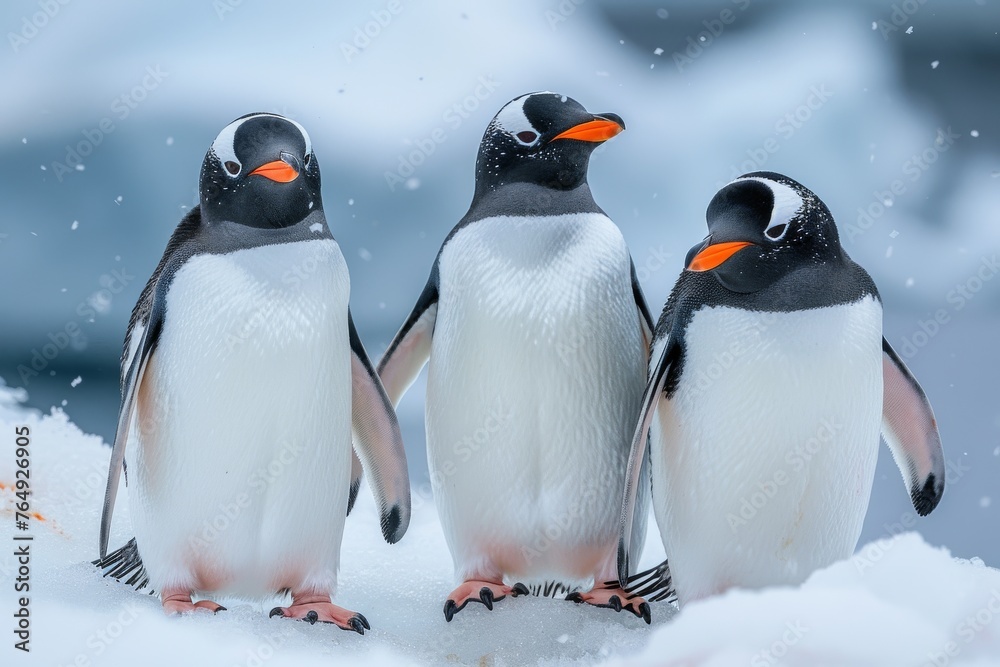 Fototapeta premium A wildlife shot of three Gentoo penguins on a snowy landscape, capturing their natural habitat and group behavior