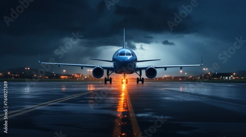 Bright lightning strike and an airplane on runway in an airport in a thunderstorm at night.