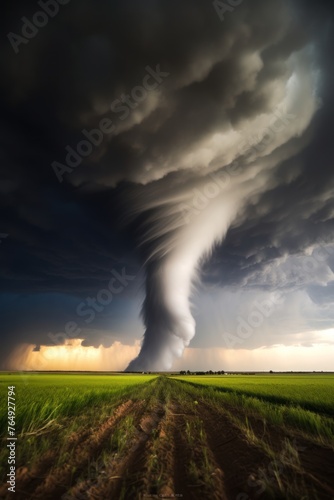 A twister touching down on ground with heavy cloud covering sky.