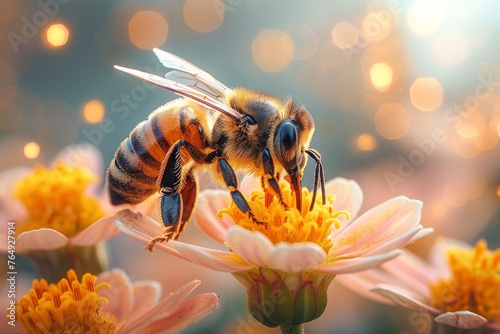 A captivating snapshot of a honeybee with its wings spread wide, hovering over an array of delicate orange flowers against a magical light backdrop © svastix