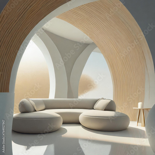 Nowoczesne, minimalistyczne wnętrze salonu z kanapą i stolikiem. Ściany z łukami. Minimalizm kolorów, odcienie bieli i beżu