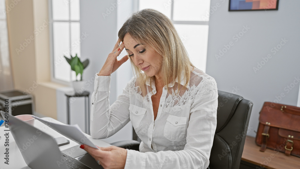 A mature blonde woman appears stressed while examining documents in a modern office setting. A mature blonde woman appears stressed while examining documents in a modern office setting.