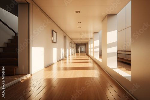 Golden light cascades through a long  elegant hallway  highlighting the wooden floors and creating a symphony of shadows  embodying a warm  minimalist aesthetic.