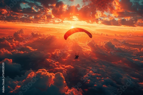 A stunning view of a lone paraglider against the picturesque backdrop of a fiery sunset sky interspersed with vivid clouds