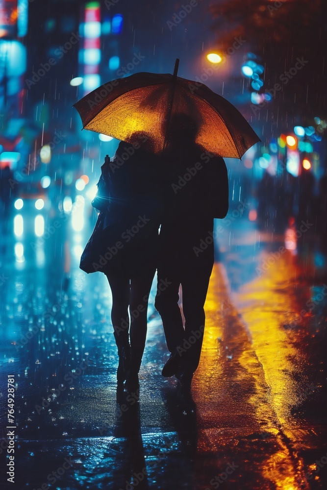 Silhouette Couple Under Umbrella on Rainy Night
