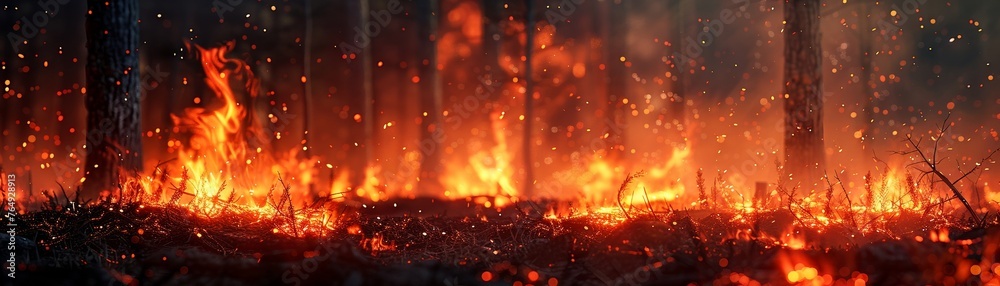 Forest fire raging vivid reds and oranges