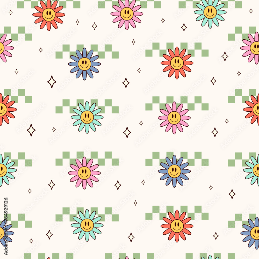 Funny Groovy seamless pattern in trendy retro style. Y2k collection. Retro y2k style. Retro hipster y2k pattern.	