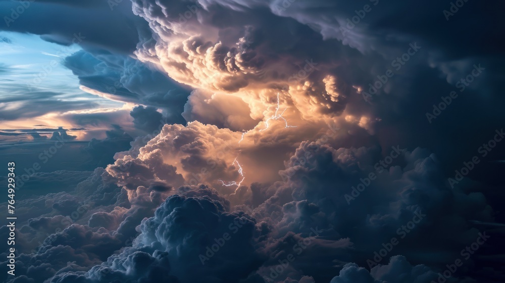 Aerial view of lightning strike in cloud. - obrazy, fototapety, plakaty 