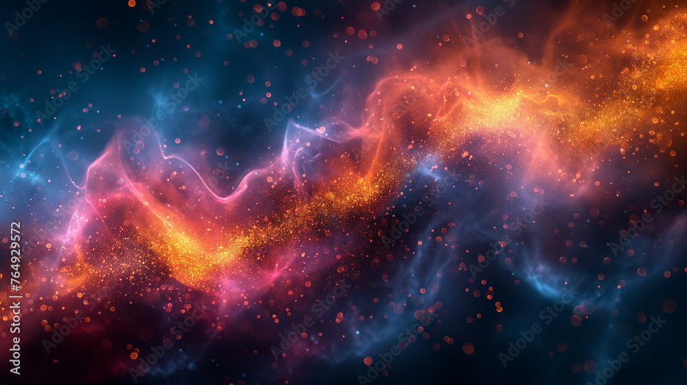 Space view background with abstract wavy pattern. Luminous particles and sparks