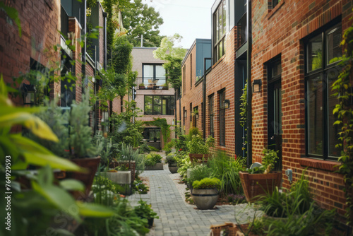 Exterior of brick houses in a row with plants in backyard.