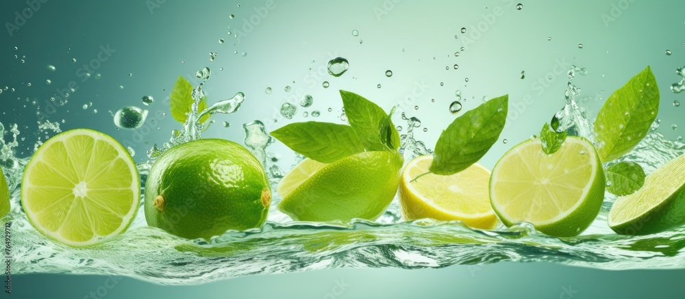 Limes and lime leaves are dropping into the water accompanied by bubbles, creating a refreshing and vibrant scene Limes and lime leaves are dropping into the water accompanied by bubbles, creating a refreshing and vibrant scene