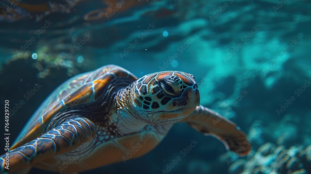 Fototapeta premium close-up portrait of a turtle swimming in a coral . natural background