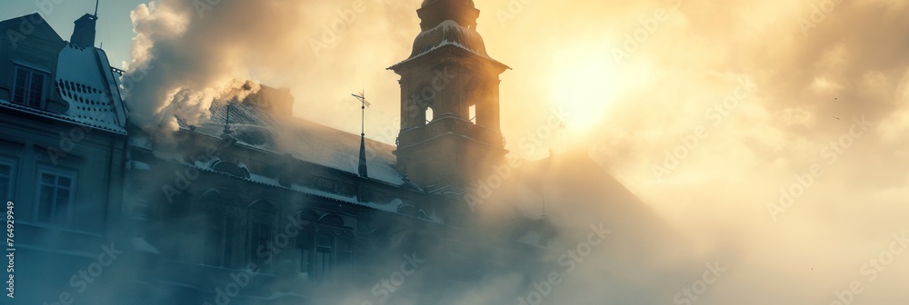 Beautiful historical buildings in winter with snow and fog in Prague city in Czech Republic in Europe. - obrazy, fototapety, plakaty 