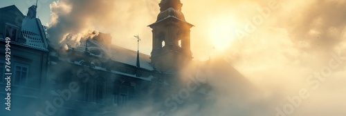 Beautiful historical buildings in winter with snow and fog in Prague city in Czech Republic in Europe. photo