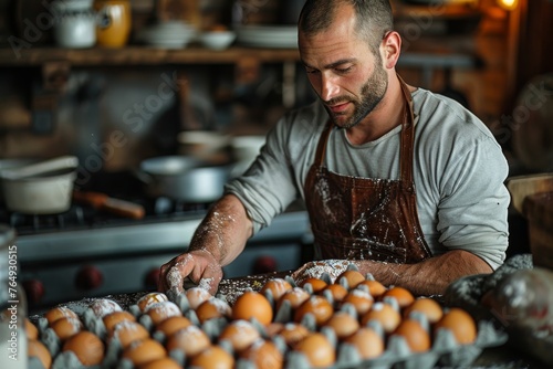 A focused male chef carefully selects eggs for his recipe amidst a rustic kitchen setting