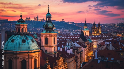 Aerial view of beautiful historical buildings of Prague city in Czech Republic in Europe. photo