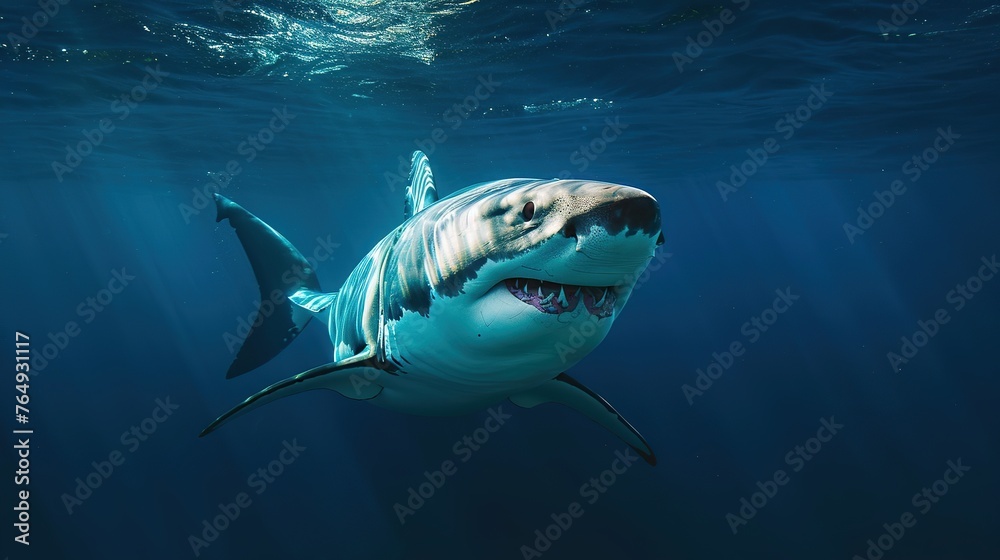 Naklejka premium close-up portrait of a Great White Shark swimming looking for prey. natural background