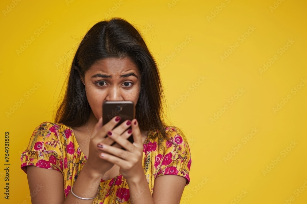 Anxious Indian woman worriedly looks at phone. Anxious Indian woman worriedly looks at phone.