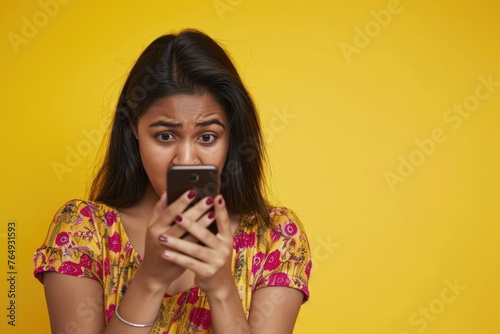 Anxious Indian woman worriedly looks at phone.
